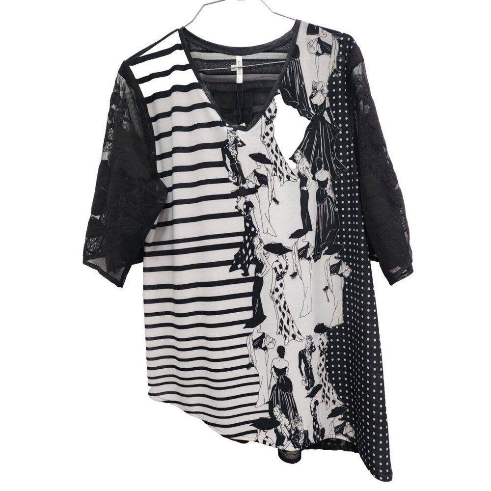 Lindi Artsy Tunic Top Small‎ Black Novelty Print Lace Asymmetric Short Sleeve